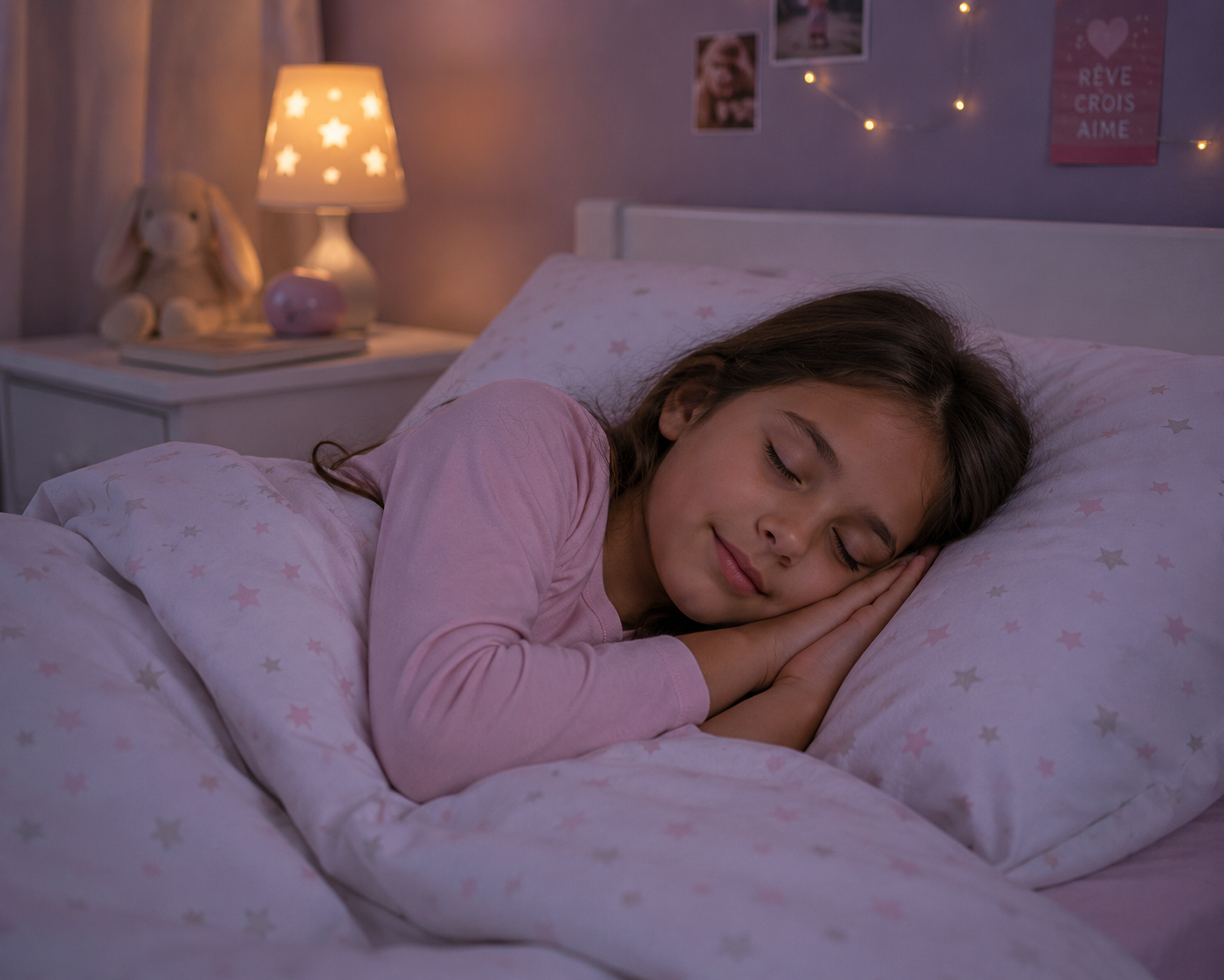 Petite fille qui dort paisiblement la nuit dans sa chambre — énurésie nocturne enfant Presque Grand