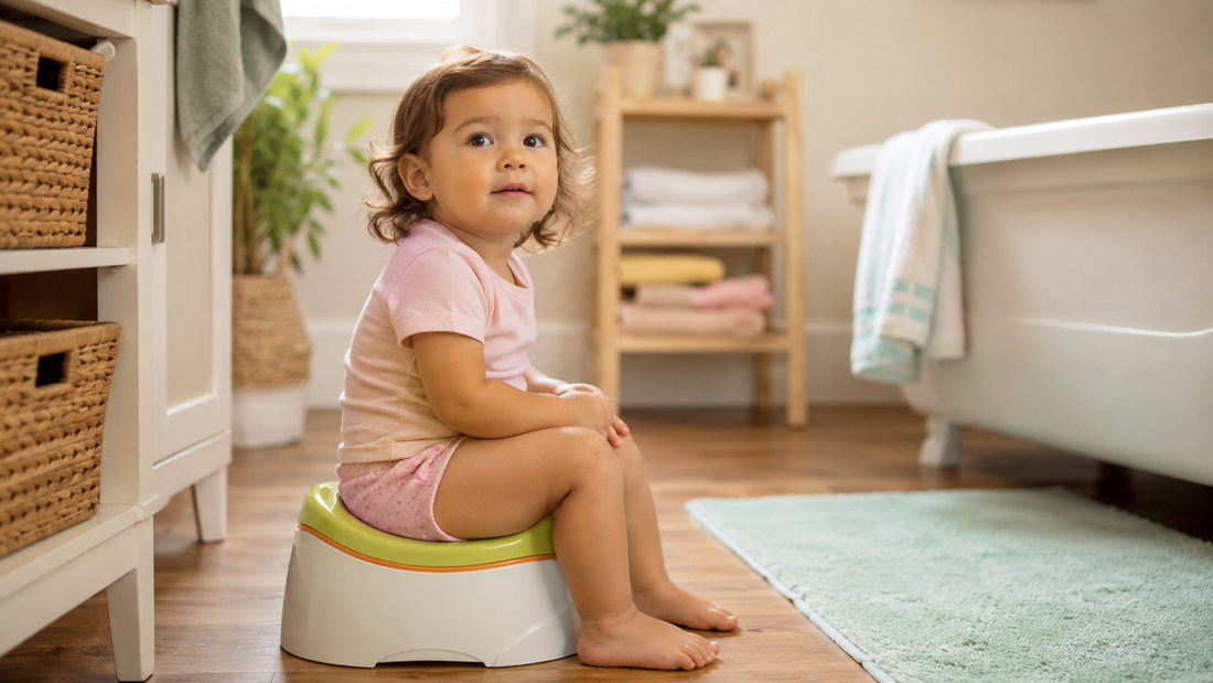 Enfant en culotte d'apprentissage assis sur son pot — régression de propreté Presque Grand