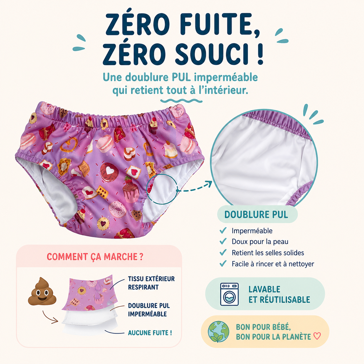 Couche piscine bébé lavable — 8 à 25 kg (S au 2XL)