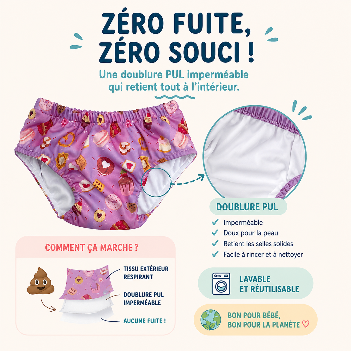 Couche piscine lavable avec doublure PUL imperméable : zéro fuite à la piscine - Presque Grand