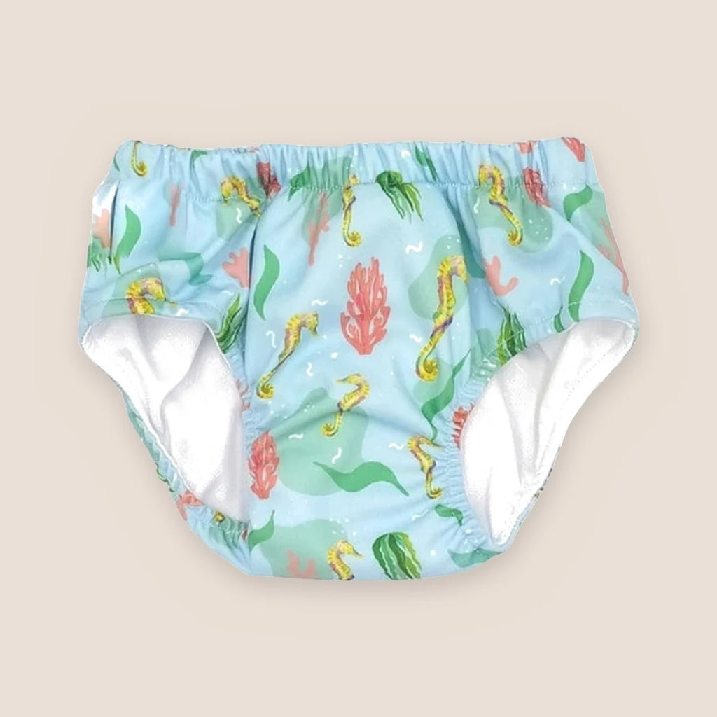 Couche piscine bébé lavable motif hippocampes bleu - maillot de bain couche réutilisable Presque Grand