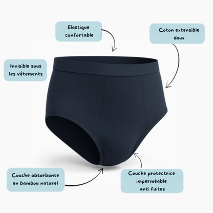 Schéma composition culotte absorbante — bambou naturel, couche imperméable, élastique doux Presque Grand