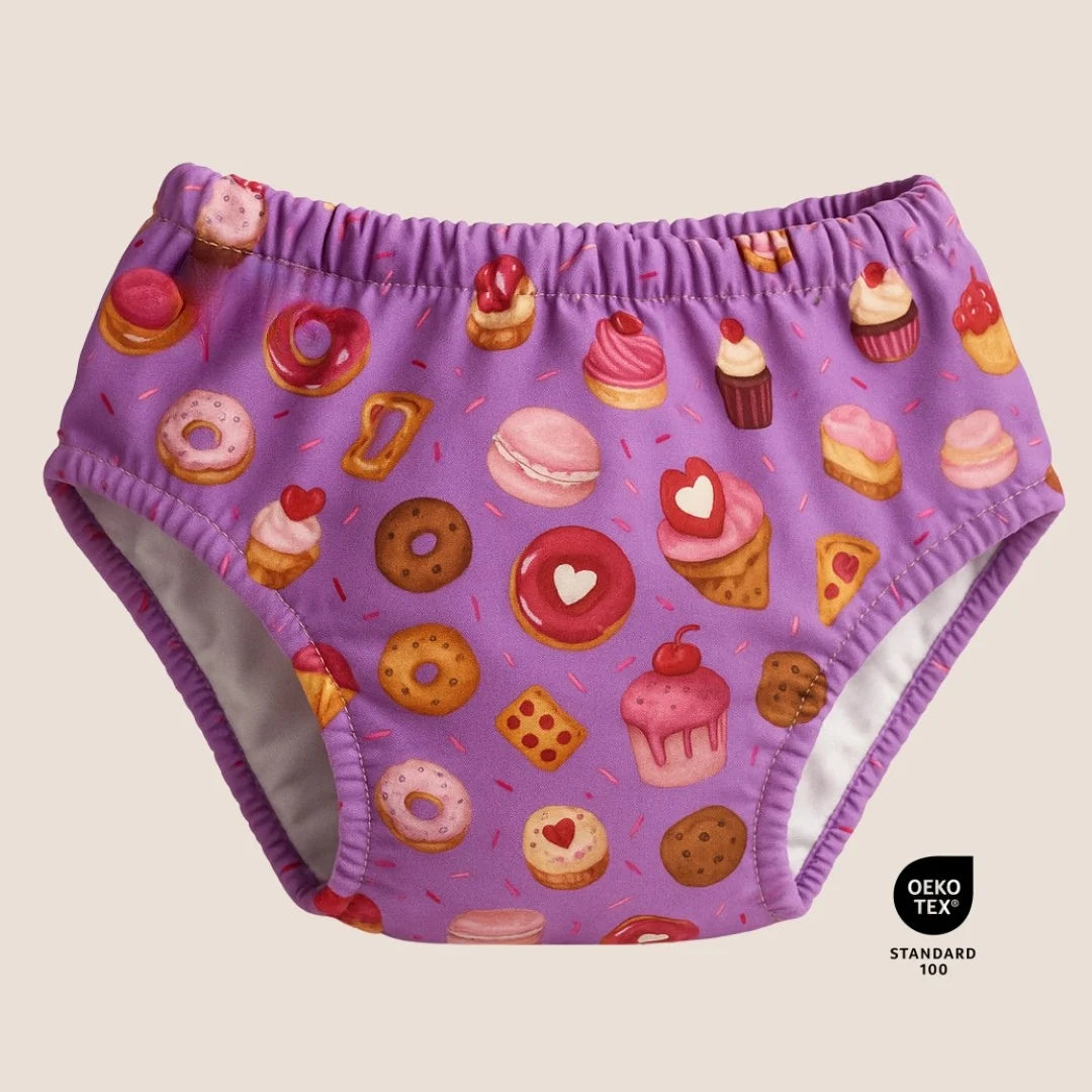 Culotte d'apprentissage violette à motif donuts et gâteaux certifiée OEKO-TEX – Presque Grand