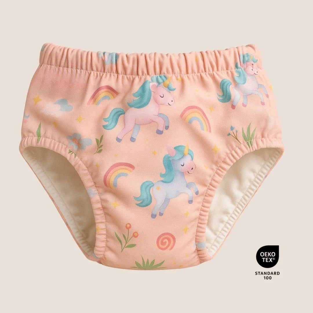 Culotte d'apprentissage rose à motif licornes et arcs-en-ciel certifiée OEKO-TEX – Presque Grand