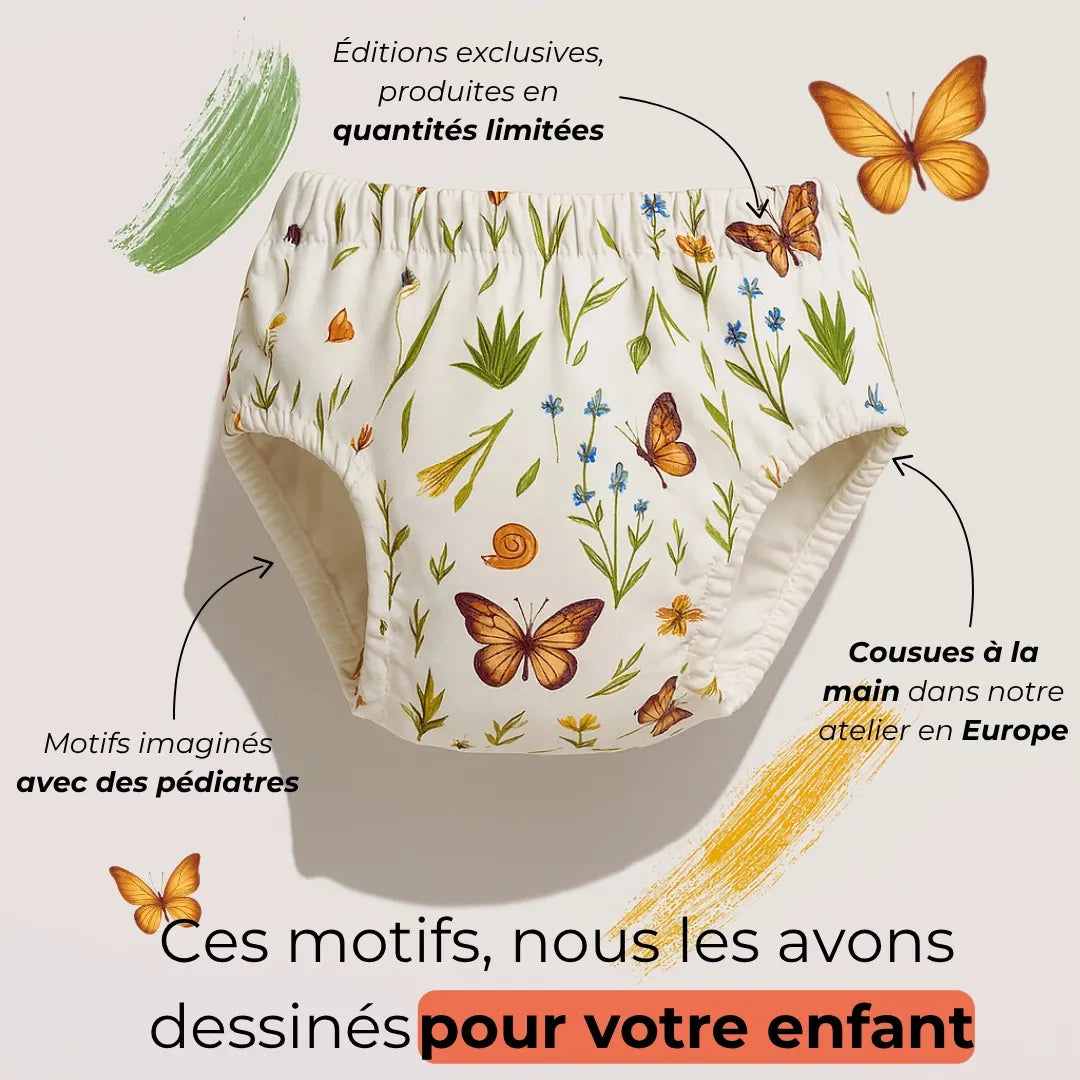 Culotte d'apprentissage motif papillons et fleurs, édition limitée cousue à la main en Europe – Presque Grand