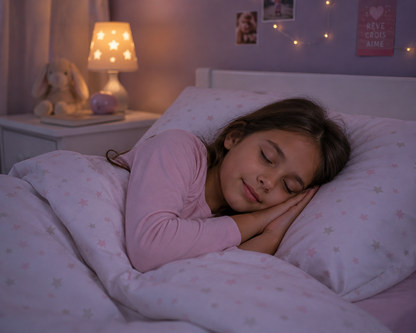 Petite fille qui dort paisiblement la nuit dans sa chambre — énurésie nocturne enfant Presque Grand
