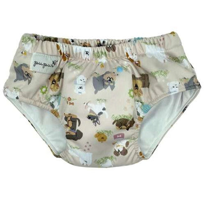 Maillot de bain lavable bébé motif chiens beige - couche de bain réutilisable Presque Grand