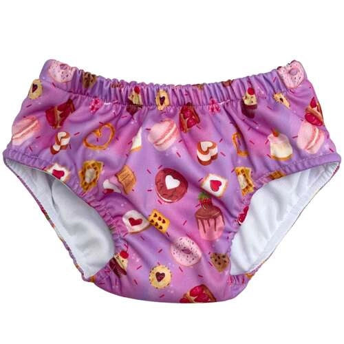 Maillot de bain lavable bébé fille motif gâteaux rose - couche de bain réutilisable Presque Grand