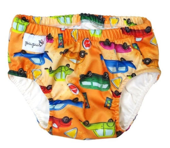 Maillot de bain lavable bébé motif voitures colorées - couche de bain réutilisable Presque Grand