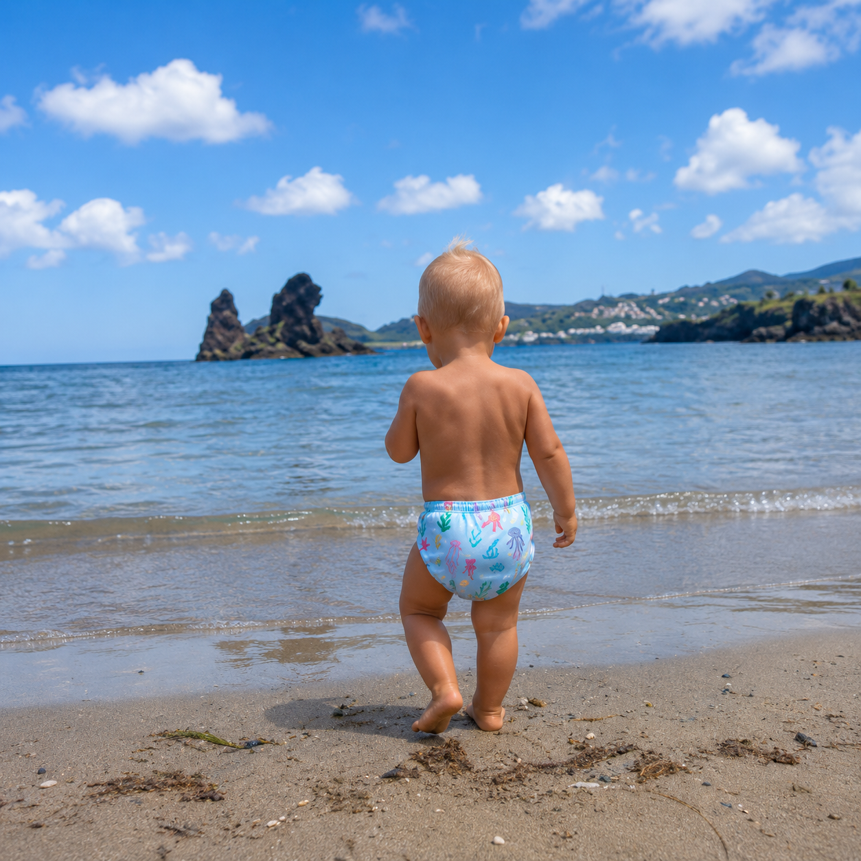 Bébé au bord de la mer avec couche de bain réutilisable motif hippocampes - Presque Grand