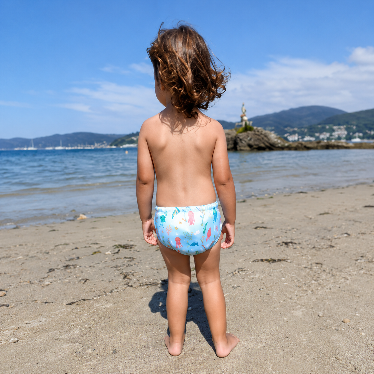 Petite fille de dos sur la plage avec maillot de bain lavable motif hippocampes - Presque Grand