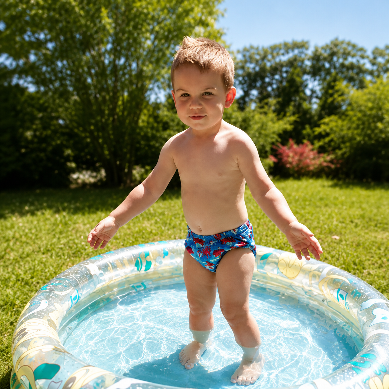 Bébé garçon dans piscine gonflable avec maillot de bain lavable motif bateaux - Presque Grand